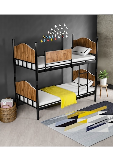 Ejder metal Metal Ahşaplı Ranza Siyah-ceviz Renk (YATAKSIZ)