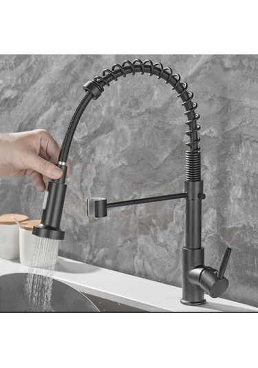 İsaoğlu Yapı Siyah Mutfak Bataryası Siyah Endüstriyel Evye Musluğu Mat Siyah Spiralli Uzayan Sistem Batarya Siyah
