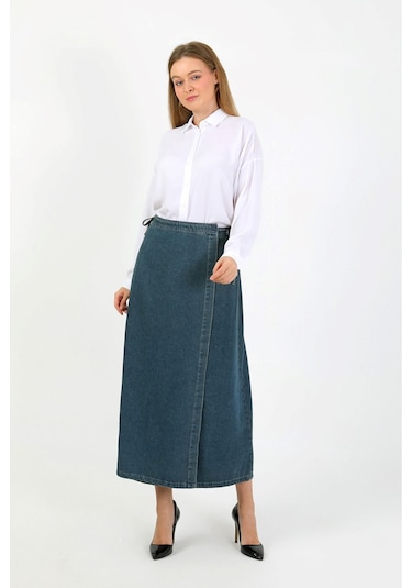 Yandan Bağlamalı Denim Etek- Mavi Mavi