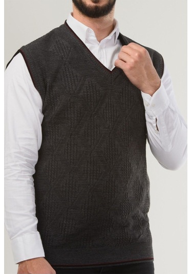 Kamalı Gri Erkek V Yaka Triko Örgü Tüylenmez Süveter Regular Fit Saç Örgü Desenli Gri