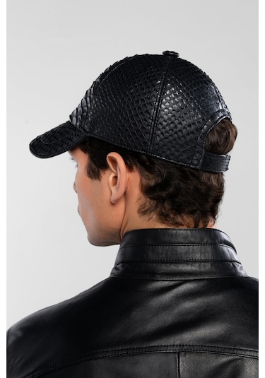 Tamer Tanca Erkek Hakiki Deri Siyah Yılan Baskı Şapka 524 Yln Sapka Sk20-21 Syh Yln Baskı Siyah