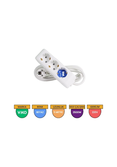 Viko Multi-let 3'lü Grup Priz Topraklı Çocuk Korumalı 5 Metre Beyaz - 90113305