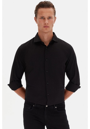 D'S Damat Slim Fit İtalyan Yaka Armürlü Uzun Kollu Kolay Ütülenebilir Nefes Alan Dört Mevsim Erkek Gömlek 2HF02ORT3185 Siyah