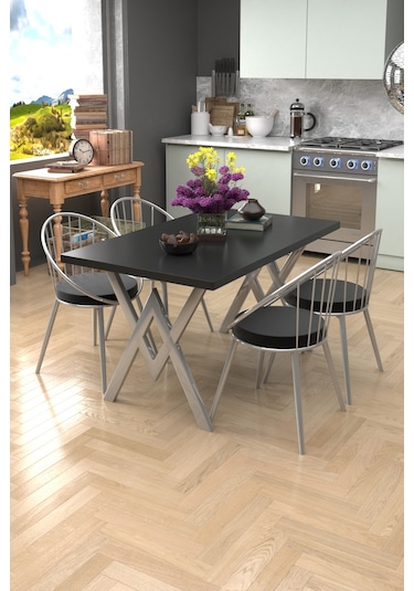 Evdemo Eylül Silver 4 Kişilik Mutfak Masası Takımı Siyah Siyah