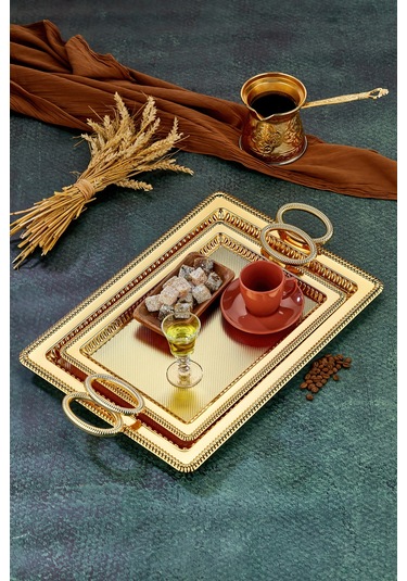 Cooker 2'li Özel Seri Dikdörtgen Model Lüx Metal Çay Sunum, Nişan Tepsisi 35x25 Ve 44x32 Cm Altın