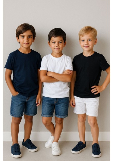 Çocuk Basic T-shirt Kız - Erkek Unisex %100 Pamuk 3'lü Süper Paket K-6