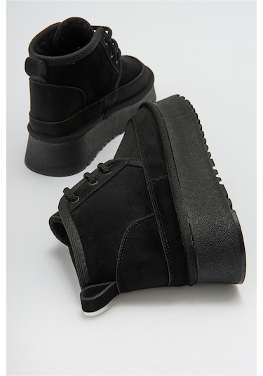 Luvishoes Ovela Siyah Kalın Taban Bağcıklı Kadın Spor Bot Siyah