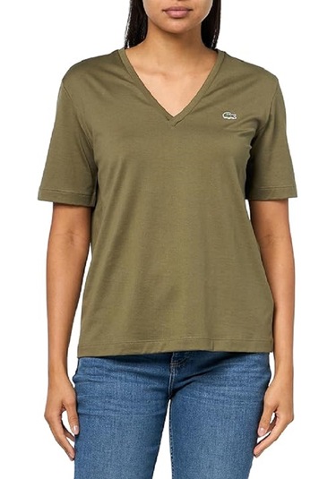 Lacoste V Yaka Organik Pamuk Bayan T-shirt Haki