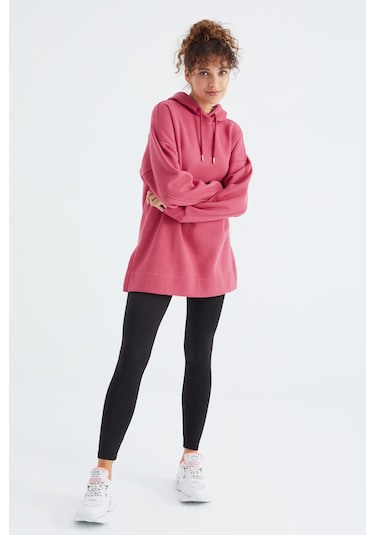 Tommy Life Yaban Gülü Reglan Kol Basic Kapüşonlu Oversize Sweatshirt Sweatshirt Tunik - 97242 Pembe