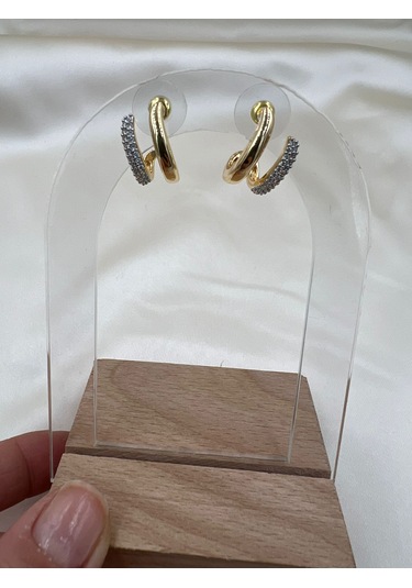 İthal Vip İkili Görünümlü Küpe Altın - Gümüş