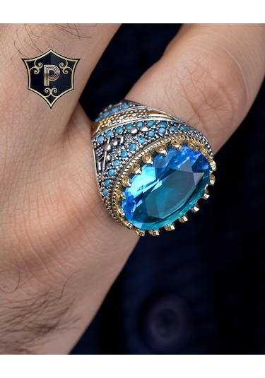 Gümüş Erkek Yüzük Aqua Marine Taşlı