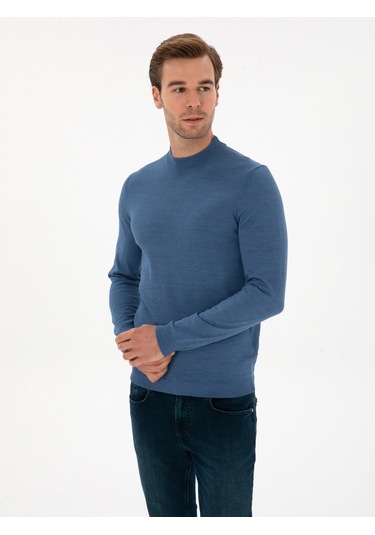 Cacharel Koyu Mavi Slim Fit Yün Karışımlı Çeyrek Balıkçı Basic Triko Kazak