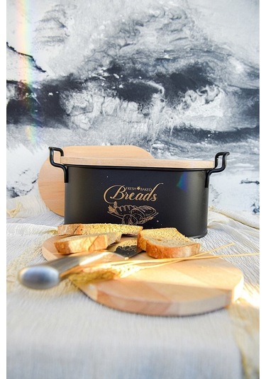 Toptanfoni Ferforje Bambu Kapaklı Lüx Metal Ekmek Saklama Kutusu Siyah Siyah