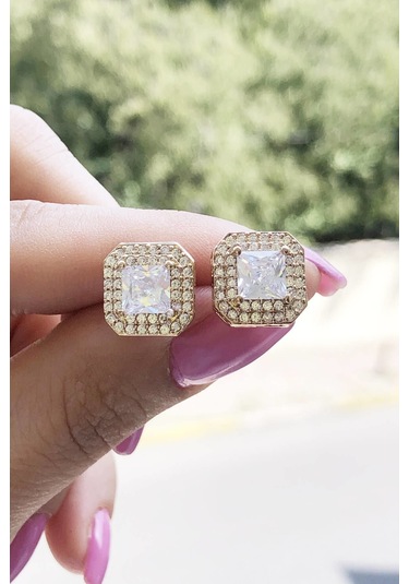 Niki Aksesuar Vip Diamond Kare Küpe Gold