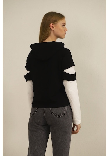 Gabria Kadın Kapşonlu Desenli Sweat Siyah (508950221)