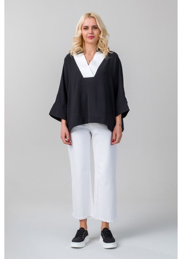 Kadın Gömlek Yakalı Yaka İndigo Mavi Kol Ucu Manşetli İnce Kot Kumaş Bluz Siyah