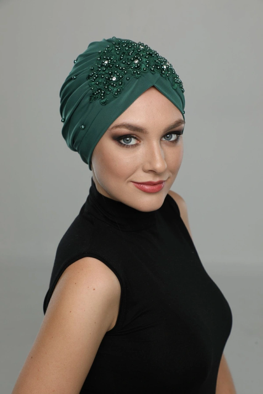Kopma Astarlı Işlemeli Yeşil Dantel Motifli Hazır Türban Tesettür Abiye Bone Yeşil Dantel