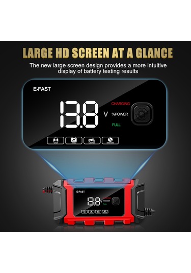 Vkemall E-fast 12v 6a Akıllı Akü Şarj Cihazı, Otomobil Motosiklet İçin Tam Otomatik, Pil Onarımı, Aşırı Şarj Korumalı, Kırmızı, Avrupa Standartı 100-240v