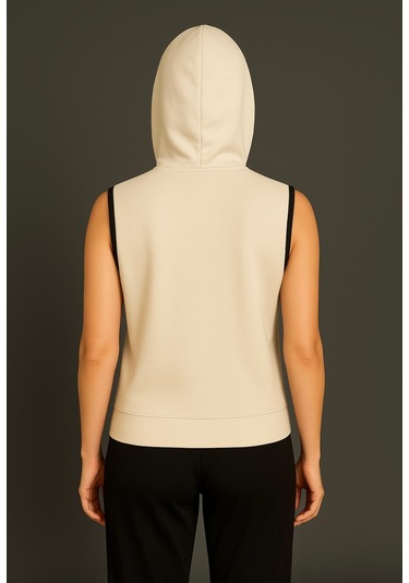 Axxel Kadın Krem Fermuarlı Kapüşonlu Kanguru Cepli Kolsuz Yelek-y1142-k Krem