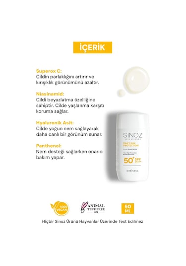 Sinoz Günlük Kullanım için Yüz Güneş Kremi SPF50+ 50 ML
