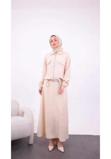 Modal Kumaş Fermuarlıı Etekli Takım Bej