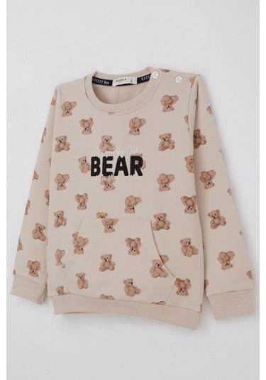 Breeze Erkek Bebek Eşofman Takımı Sevimli Ayıcık Desenli Pantolonu Düğme Aksesuarlı 9 Ay-3 Yaş, Bej Bej