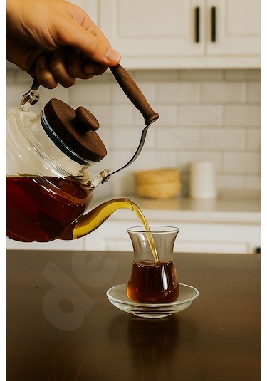 Akasya Kapaklı Ve Üstten Saplı Yuvarlak Cam Demlik - Isıya Dayanıklı - Cam Demlikli - 3 Parça Cam