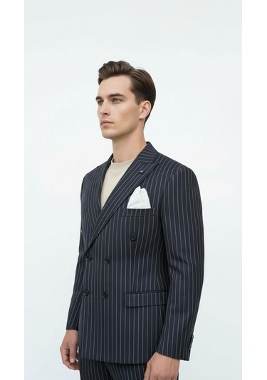 Plus Scorpion Siyah Çizgili Erkek Kruvaze Blazer Ceket İtalyan Kesim, Şık Ve Modern Siyah