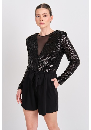 Explosion Kadın Ön - Arka Derin V Yaka Ve Transparan Payetli Kısa Abiye Tulum 2419 Siyah Siyah