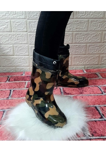 Çağrı Yeşil Kahve Kamuflaj İçi Yünlü Kar Yağmur Çizme 001