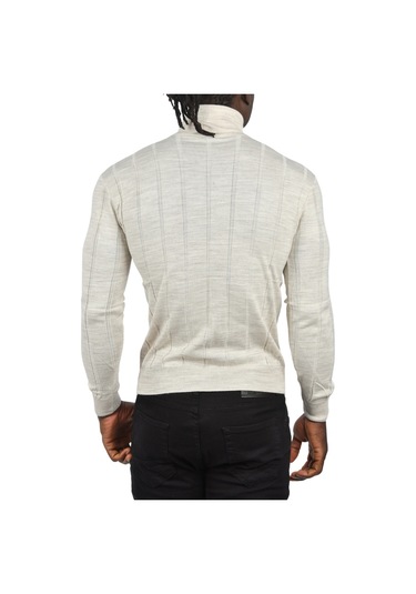 Deepsea Erkek Bej Slim Fit Likralı Tam Balıkçı Yaka Çizgili Boğazlı Kazak 2505504 Bej