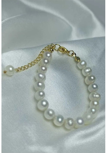 24k Altın Kaplama 8-9 Mm Gerçek İnci Sade Bileklik Beyaz Tek Ebat