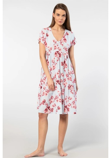 Türen 3602 Kadın Kısa Kollu Dokuma Kloş Elbise-mavi Mavi