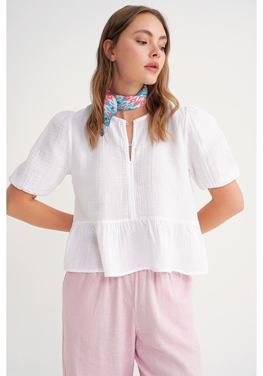 4713 Kadın Beli Büzgülü Kolu Lastikli Bol Müslin Bluz Beyaz Beyaz