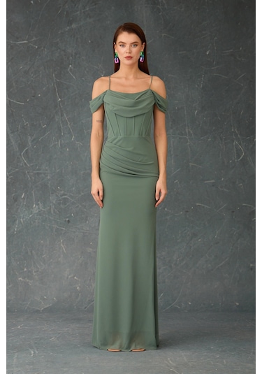 Carmen Kadın Askılı Uzun Şifon Abiye Elbise 58464 Çağla Çağla