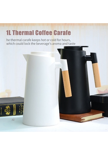 Hangfox 1l Cam İçli Ev Çalışkanlığı Termos, Çift Duvarlı Vakum Isı Ve Soğuk Saklama, Ahşap Saplı Kahve/su/su İçeceği Dispenseri Beyaz