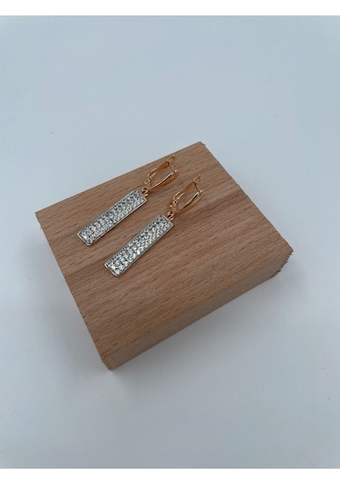 Uzun Dikdörtgen Taşlı Rose Gold Sallanan Küpe