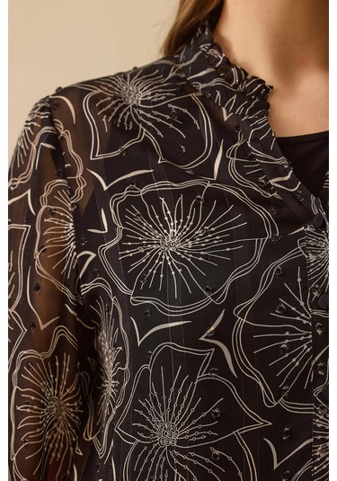 Galaxi Kadın Büyük Beden Çiçek Desenli Şifon Gömlek 4016 Siyah Siyah