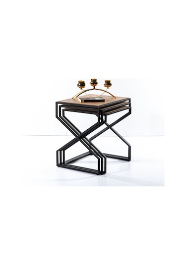 Ronda Üçlü Metal Cam Ve Ahşaplı Zigon Sehpa Ahşap