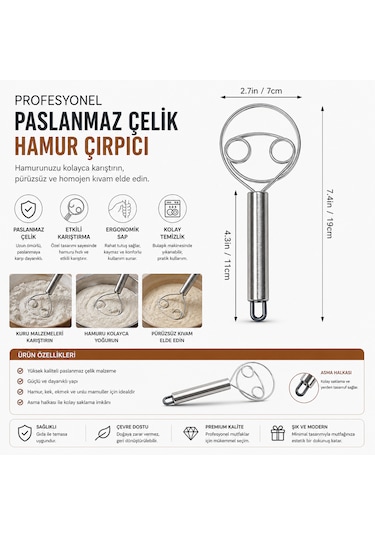 Hamur Çırpıcı Paslanmaz Çelik Profesyonel Hamur Karıştırıcı 19 Cm Gümüş