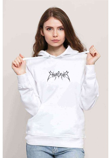 Emperor Baskılı Beyaz Kadın Kapşonlu Sweatshirt