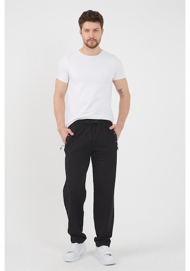 Siyah Erkek Fermuar Cep Nakış Detaylı Düz Paça Rahat Kesim Eşofman Altı Mtlco05 Siyah
