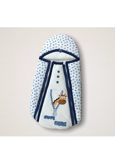 Yenidoğan Zürafa Nakışlı Çift Fermuarlı Erkek Kundak Bebek Battaniyesi Mavi Çok Renkli