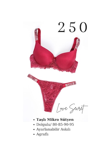 Murays Kadın 3lü Taşlı Mikro Sütyen Takım Bordo/kırmızı/yeşil