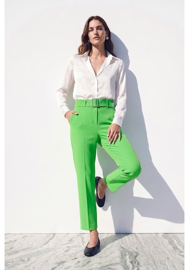 Sateen Yüksek Bel Kemerli Pantolon - Açık Yeşil-132384