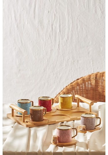 Karaca  Bambu Tepsili 6 Kişilik Renkli Kahve Fincan Takımı 90 ml