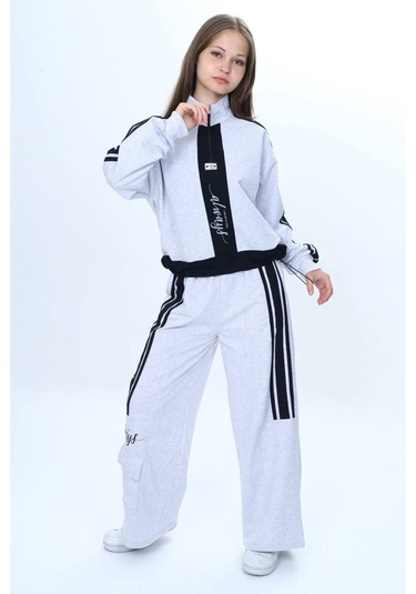 Kız Çocuk 2 İplik Yarım Fermuarlı Garnili Eşofman Takımı %100 Pamuk Rahat Kalıp-325 Gri