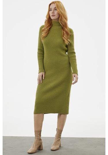 Tam Balıkçı Fitilli Midi Boy Triko Elbise - Yeşil 001