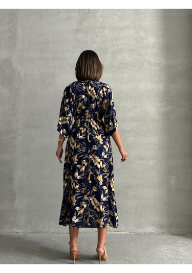 Kadın Kruvaze Yaka Yırtmaçlı Uzun Yazlık Elbise Lacivert