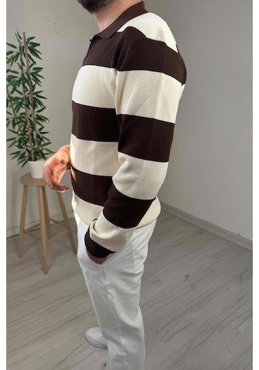 Explode - Erkek Ekru - Kahve Şerit Desenli Polo Yaka Oversize Triko Kazak Kahverengi